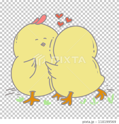 Cartoon illustration of a pair of cute yellow chicks in love 118199569