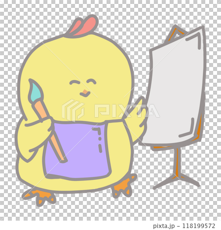 Illustration of a cute yellow cartoon chick holding a paint brush 118199572