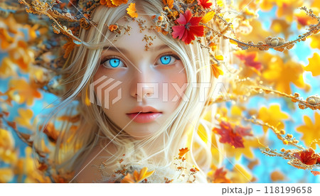 秋風の花飾りをつけたホワイトブロンドヘアーの女の子 118199658