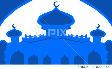 The illustration background with a Ramadan and Eid themed design, has a blue mosque image The illustration background with a Ramadan and Eid themed design, has a blue mosque image 118200032