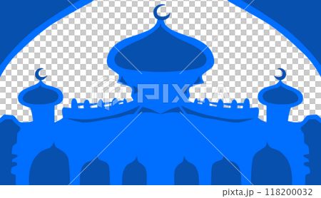 The illustration background with a Ramadan and Eid themed design, has a blue mosque image The illustration background with a Ramadan and Eid themed design, has a blue mosque image 118200032