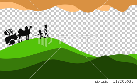 The illustration background with a Ramadan and Eid al-Fitr themed design, Eid al-Adha, has a picture of a Muslim walking on a green hill The illustration background with a Ramadan and Eid al-Fitr themed design, Eid al-Adha, has a picture of a Muslim walking on a green hill 118200036