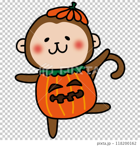 A monkey dressed up as a jack-o'-lantern for Halloween 118200162