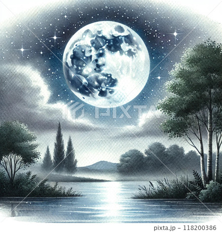 夜の森と青い満月と星空の風景画 118200386