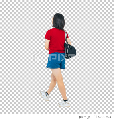 バッグを持って歩く女の子の後ろ姿　手作業で精密に切り抜いた背景透過全身写真PNG 118200703
