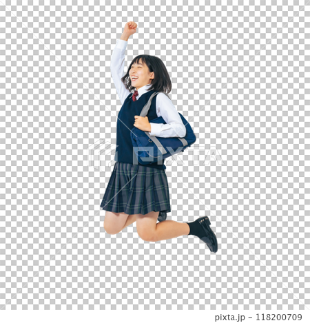Female student in uniform jumping energetically. Full-body photo PNG with transparent background precisely cut out by hand. 118200709