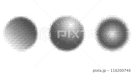 Bitmap pixel arcade game effect. Circles with bit pattern texture. Round y2k halftone elements on white background. Vector aesthetic globe set with dither gradient. 2000s noisy illustration 118200748