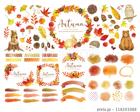 水彩タッチの秋のカラフルなフレームセット 118201088