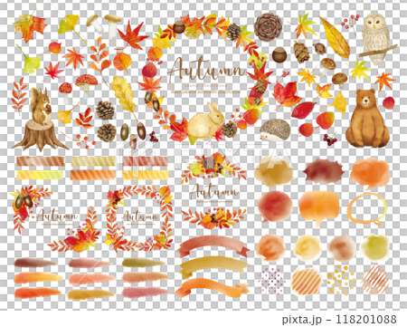 水彩タッチの秋のカラフルなフレームセット 118201088