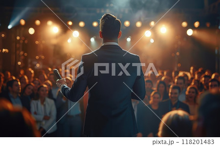 Engaging presentation: businessperson gives informative talk to attentive audience in auditorium, showcasing professional skills, delivering key insights, facilitating interactive discussions. Engaging presentation: businessperson gives informative talk to attentive audience in auditorium, showcasing professional skills, delivering key insights, facilitating interactive discussions. 118201483