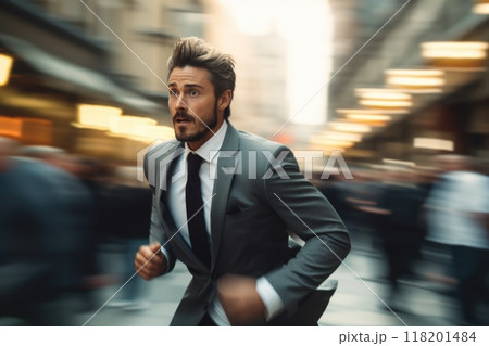 Corporate race - a businessman running, embodying concept of fast work and corporate lifestyle, illustrating demands of modern life and pursuit of business success in a dynamic world. 118201484