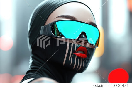 Digital allure: girl in a holographic mask, mix of traditional, futuristic clothing, vibrant technologically saturated city background, showcasing fusion of pop surrealism, cyberpunk fashion styles. 118201486