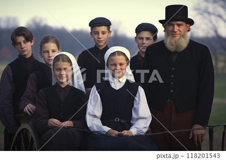 Portrayal of Amish people, traditional lifestyle, close bonds of community, rural simplicity, values of cultural richness, traditions of close-knit family friendly living group. village Country life. 118201543