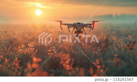 Precision agriculture - drone fertilizing a field, advanced technology in action, optimizing crop health and productivity, transforming traditional farming methods for the better. Precision agriculture - drone fertilizing a field, advanced technology in action, optimizing crop health and productivity, transforming traditional farming methods for the better. 118201567