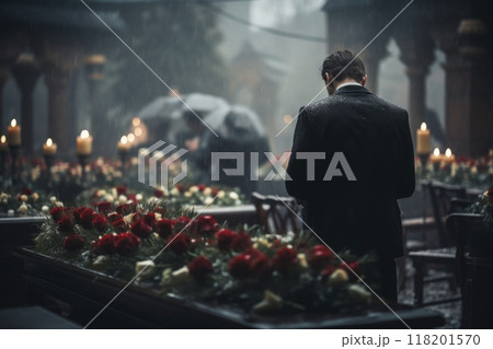 A quiet farewell, a tender moment of the last meeting at the funeral, enveloped in silence and deep emotions of the departed. A quiet farewell, a tender moment of the last meeting at the funeral, enveloped in silence and deep emotions of the departed. 118201570