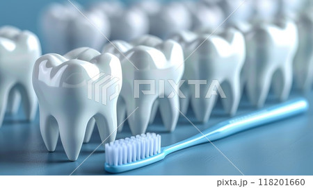 Comprehensive oral care: toothbrush cleaning teeth, importance of dental hygiene, focus on maintaining healthy gums, bright smile through proper brushing techniques, routine care. 118201660