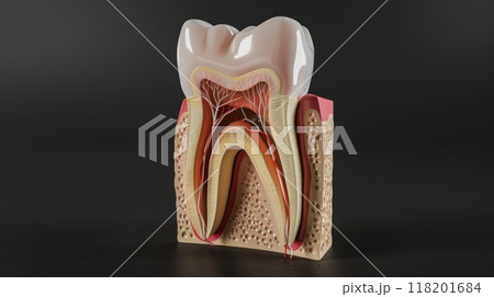 Anatomical intricacy: tooth structure, nerve, with a visible cartilaginous stage, detailed layers and components of a tooth, emphasizing the complex interplay of dental anatomy. 118201684