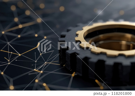 Data Dynamics: Mechanical gears and gear systems visualized through interconnected lines, dots, big data graphics with copy space for impactful banner, presentation 118201800