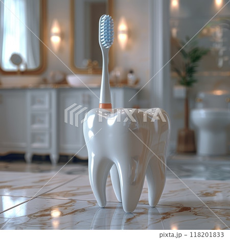 Comprehensive oral care: toothbrush cleaning teeth, importance of dental hygiene, focus on maintaining healthy gums, bright smile through proper brushing techniques, routine care. 118201833