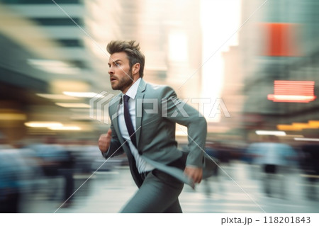 Speed of success - businessman running, representing fast-paced corporate lifestyle, highlighting concept of modern life, rapid work, relentless drive for business achievement. 118201843