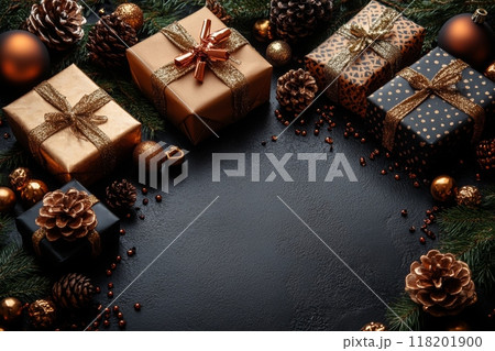 Black background with variety of Christmas gifts and decorations with copy space 118201900