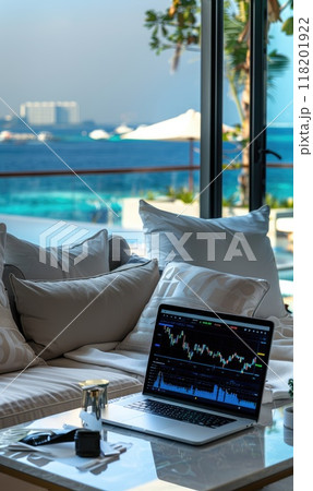 Crypto gains: a stock chart laptop in a luxury flat in a resort town, illustrating the concept of crypto earnings, blending modern investment strategies with luxurious living in scenic locales Crypto gains: a stock chart laptop in a luxury flat in a resort town, illustrating the concept of crypto earnings, blending modern investment strategies with luxurious living in scenic locales 118201922