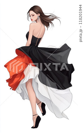 Fashion extravagance: Illustration of fashion model exuding sophistication in exquisite dress, extravagant beauty and refined elegance, embodying high couture, stunning visual appeal. 118201944