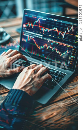 Market Mastery - Man holding laptop with trading chart and money, top view, illustrating the concept of stock market expertise and financial decision making, captured in a dynamic top down view. Market Mastery - Man holding laptop with trading chart and money, top view, illustrating the concept of stock market expertise and financial decision making, captured in a dynamic top down view. 118201972