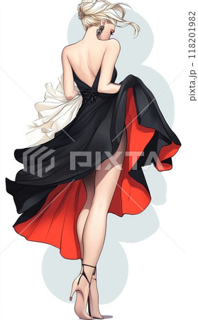 Fashion extravagance: Illustration of fashion model exuding sophistication in exquisite dress, extravagant beauty and refined elegance, embodying high couture, stunning visual appeal. 118201982