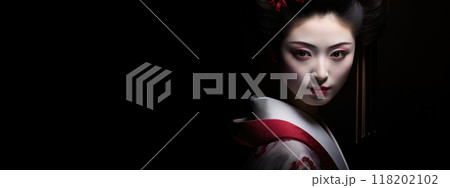 Cultural elegance - portrait geisha, intricate beauty, grace of traditional japanese attire, refined makeup, elaborate hairstyle, timeless allure of geisha artistry and cultural heritage. 118202102