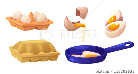 Chicken egg in carton box and cooking 118202635