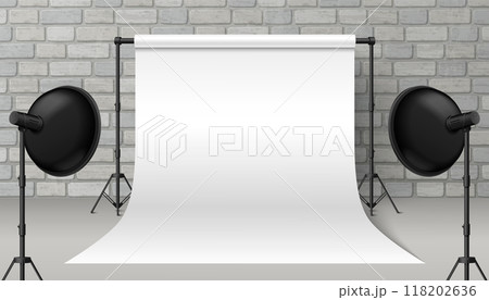 White empty paper backdrop in photo studio vector 118202636