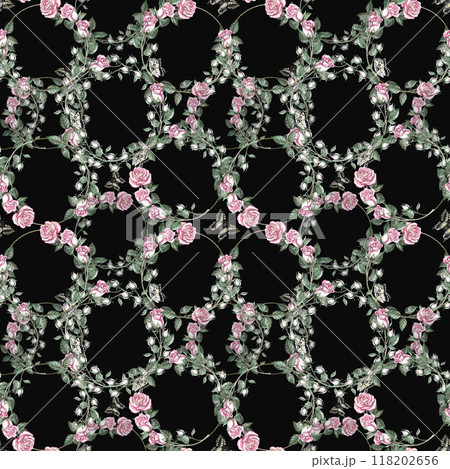Seamless pattern with wreaths of roses in watercolor on a black background. Isolated illustration in a realistic style for packaging design, printing on fabric 118202656