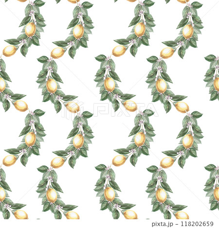 Seamless pattern of lemon branches and fruits on a white background. Watercolor illustration for the design of coffee shops, restaurants, menus, printing on packaging 118202659