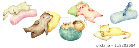 枕で眠る動物動物たちのセット1　手描き色鉛筆画 118202684