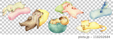 枕で眠る動物動物たちのセット1　手描き色鉛筆画 118202684