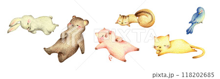 眠る動物たちのセット　手描き色鉛筆画 118202685