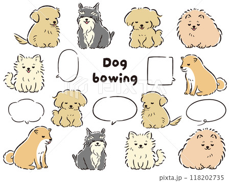 おじぎをしている人気小型犬の手描きイラストセット（吹き出し付き） 118202735
