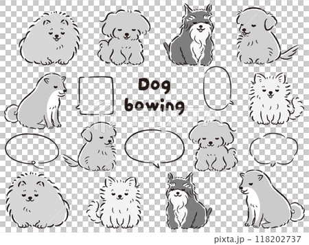 おじぎをしている人気小型犬の手描きイラストセット（吹き出し付き） 118202737