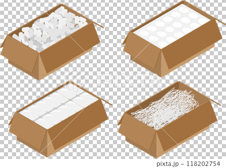 Isometric image of a cardboard box with cushioning material 118202754