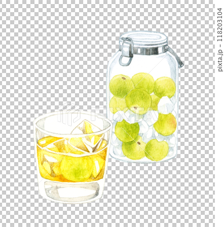 梅シロップのガラス容器と梅酒・梅ジュース 手描き水彩イラスト素材 梅シロップのガラス容器と梅酒・梅ジュース 手描き水彩イラスト素材 118203104