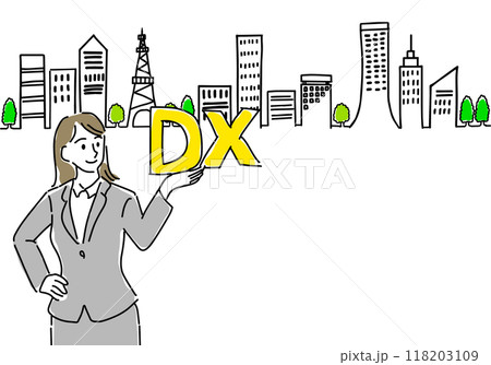DX推進イメージの女性会社員と街並みラフな手描き 118203109