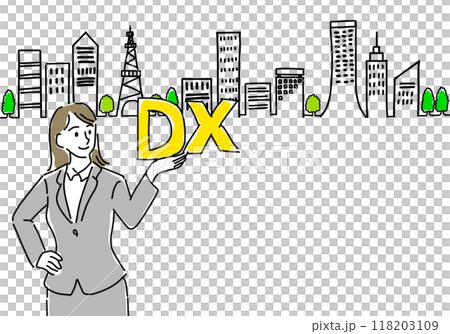 DX推進イメージの女性会社員と街並みラフな手描き 118203109