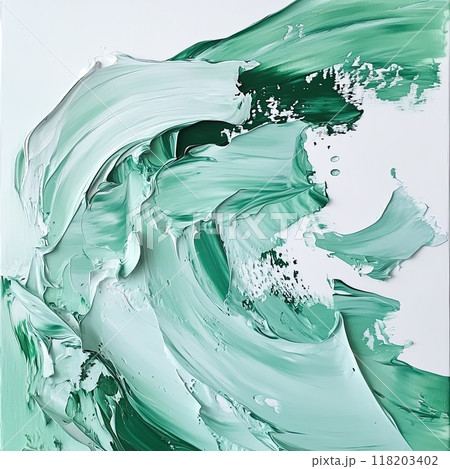 Bold strokes of green and white paint blend seamlessly on the canvas, creating a dynamic abstract composition that emphasizes texture and movement. 118203402