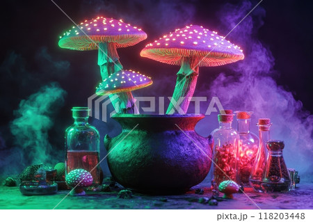 A pot of glowing mushrooms sits on a table with other items with Generative AI A pot of glowing mushrooms sits on a table with other items with Generative AI 118203448