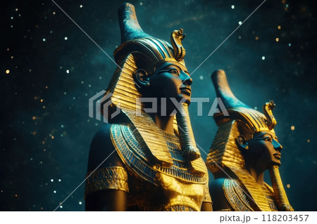 Two statues of Egyptian gods are standing in front of a starry sky with Generative AI Two statues of Egyptian gods are standing in front of a starry sky with Generative AI 118203457