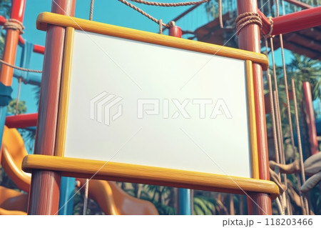 A white sign is hanging from a wooden post in a jungle-themed playground with Generative AI 118203466