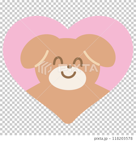 Smiling puppy and pink heart for Valentine, adopt pet, rescue animal, pet shop, cartoon character, mascot, souvenir shop, cute patch, brooch, shirt print, dog doll, kid toy, sticker, love sign, comic 118203578