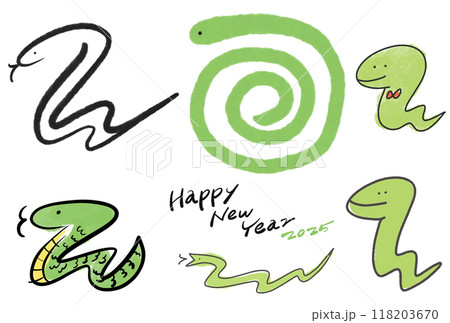 様々なタッチの蛇のイラストセット　年賀状素材　2025　筆書き　線画 118203670