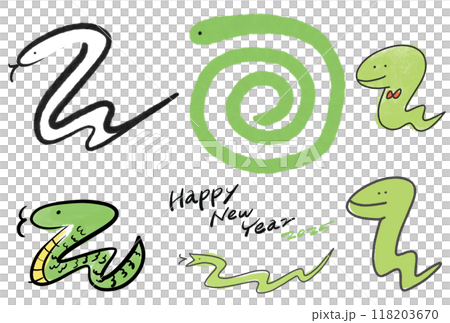 様々なタッチの蛇のイラストセット　年賀状素材　2025　筆書き　線画 118203670